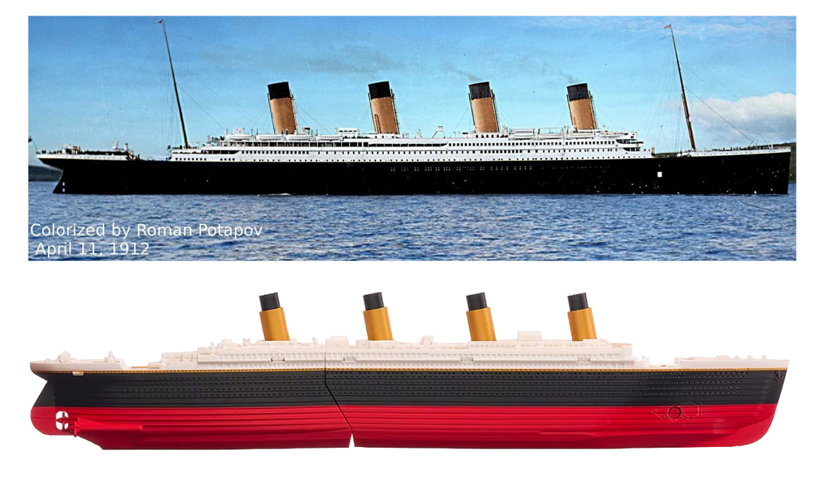 The real Titanic photographed in 1912 above the 16-inch Titanic model below, same profile at different scale