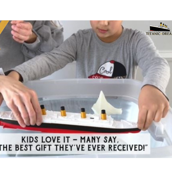 mother and son interacting with Titanic model set, unboxing, learning, and sinking Titanic in water