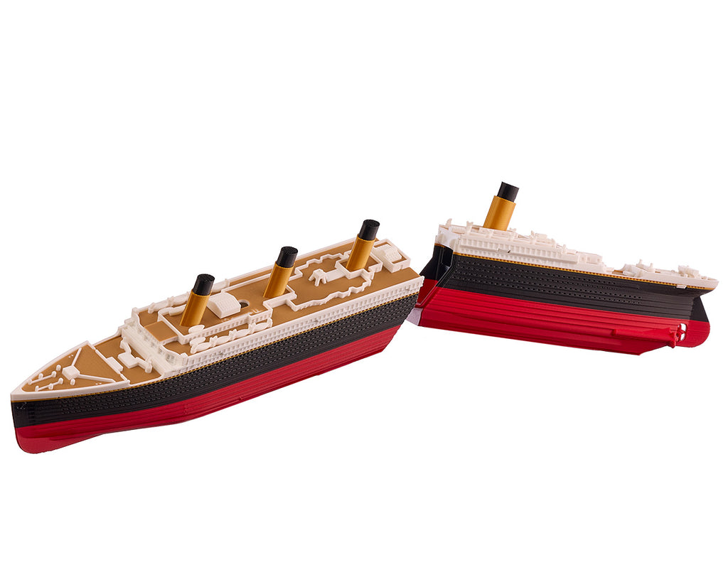 Titanic model split apart into two halves, showing the two-stage sinking break apart action.