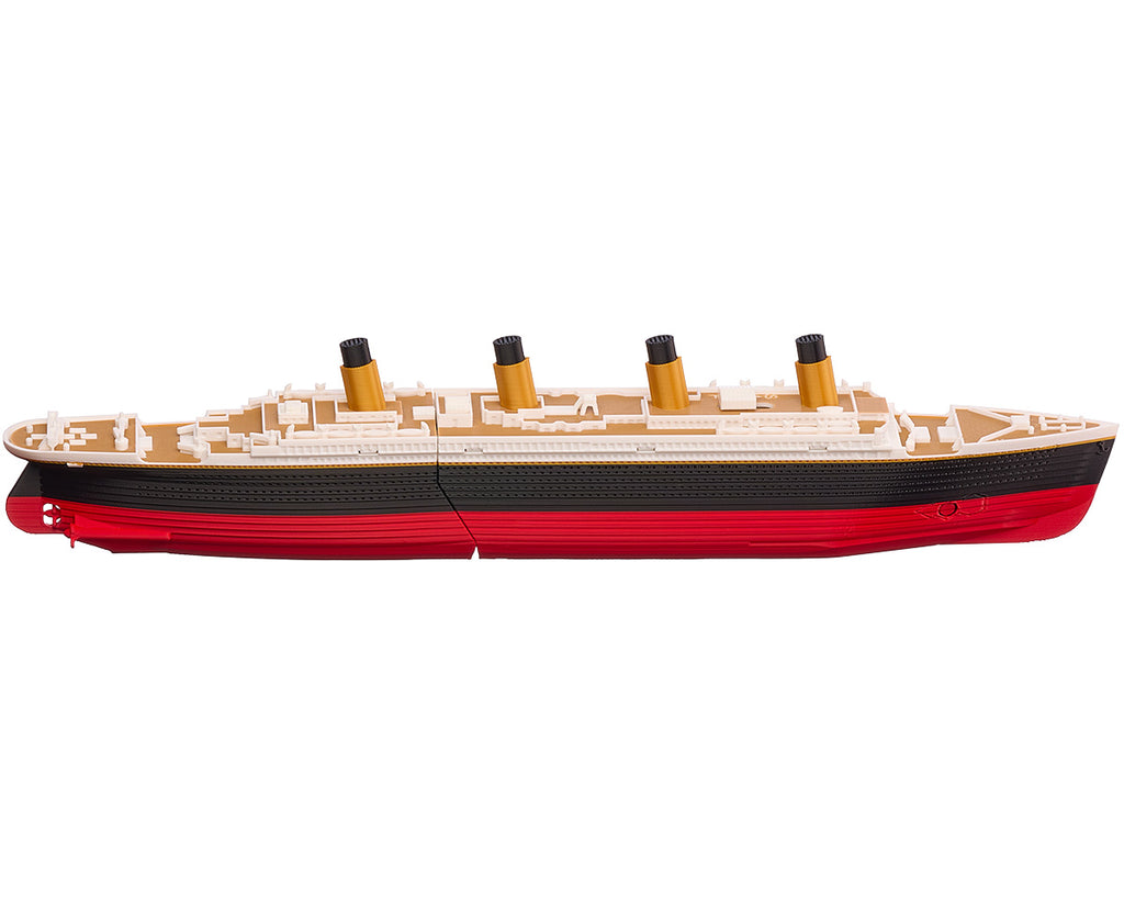 Submersible Titanic model from above, showing the wooden color deck, sink-mode thumb switch, railings and four funnels.